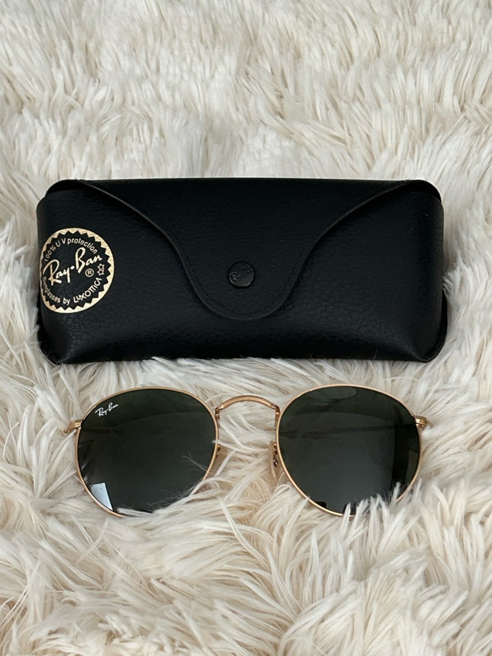 Ray Ban 3447 Round Gold Metal Frame Sunglasses Green Lenses Case Unisex Italy - Picture 2 of 14